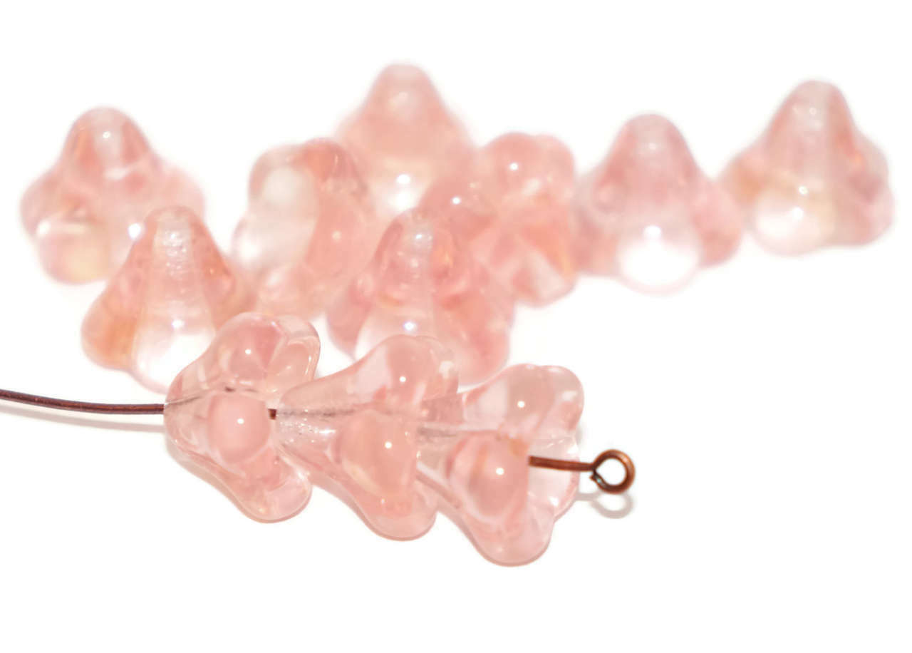 Large Pink Crystal Clear Bell Flower Czech Glass Beads Flower Bead Caps Glass...
