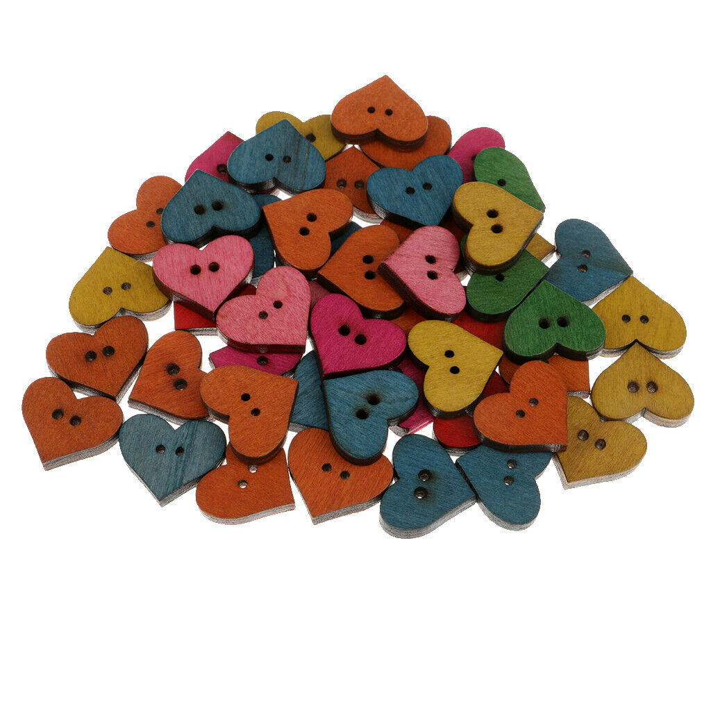 50pcs Assorted Heart Shape Wooden Flatback Buttons for Kids Crafts DIY 19mm