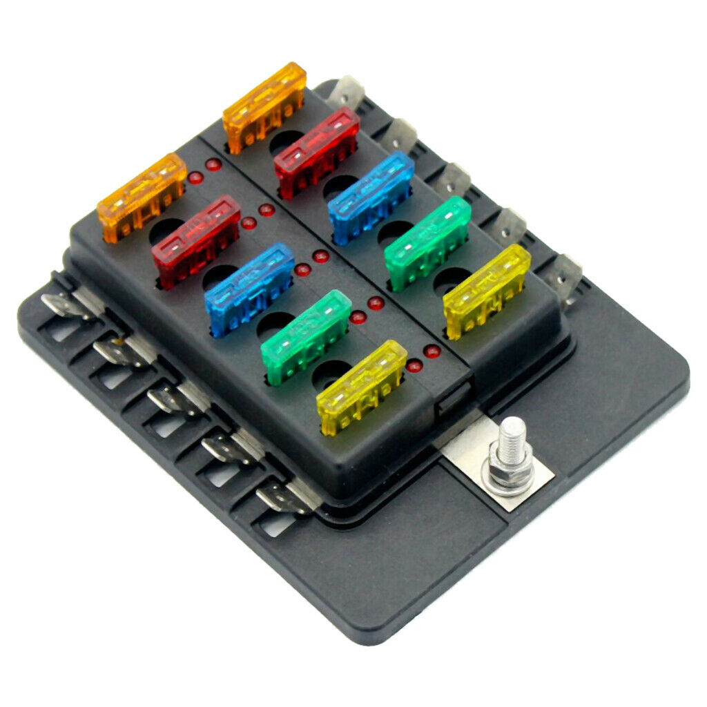 32V 10 Way Blade Fuse Box Holder LED Warning Light for RV Boat Marine Truck