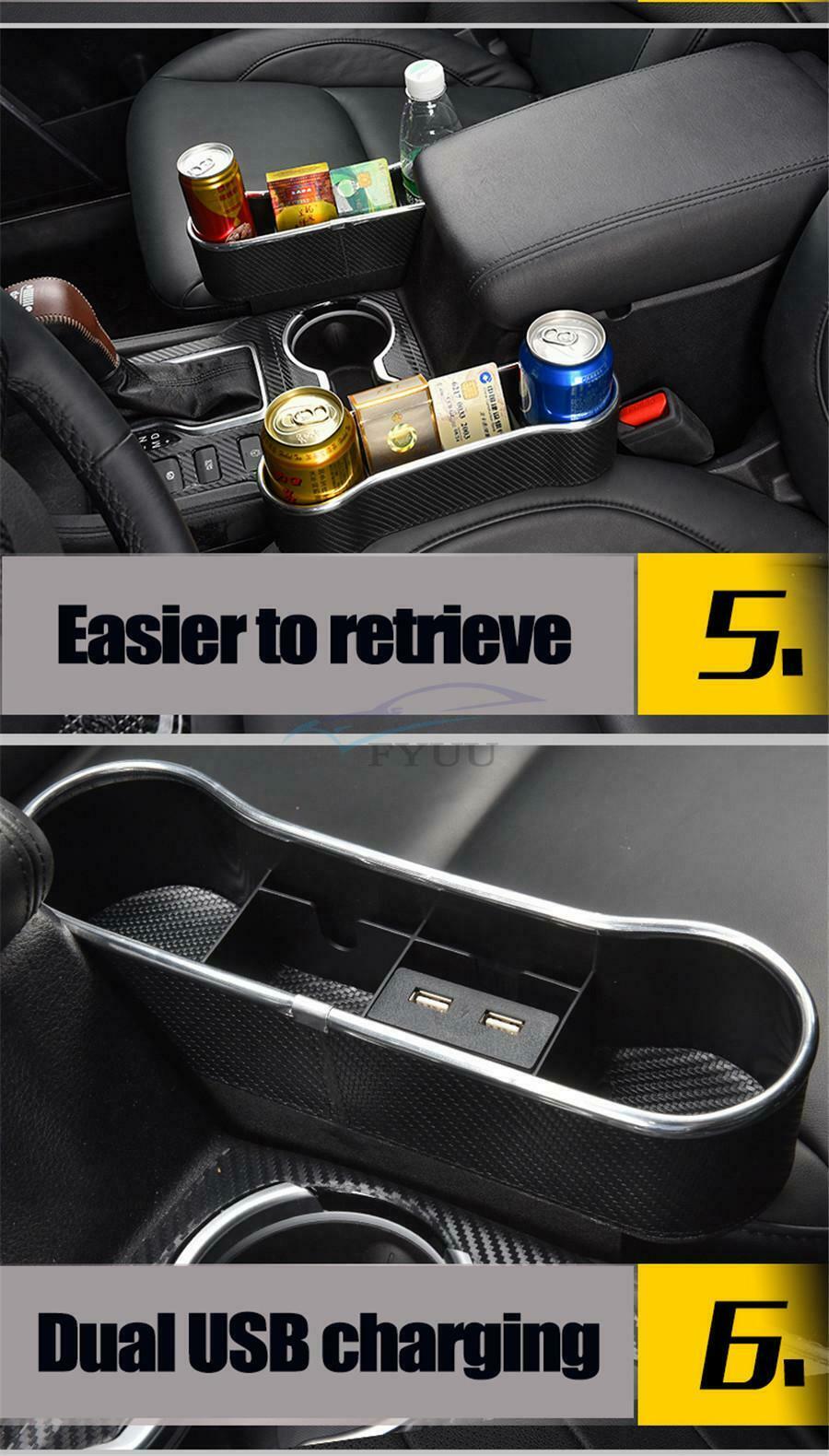 1x Universal Carbon Fiber Black Dual USB Charging Car Seat Clearance Storage Box