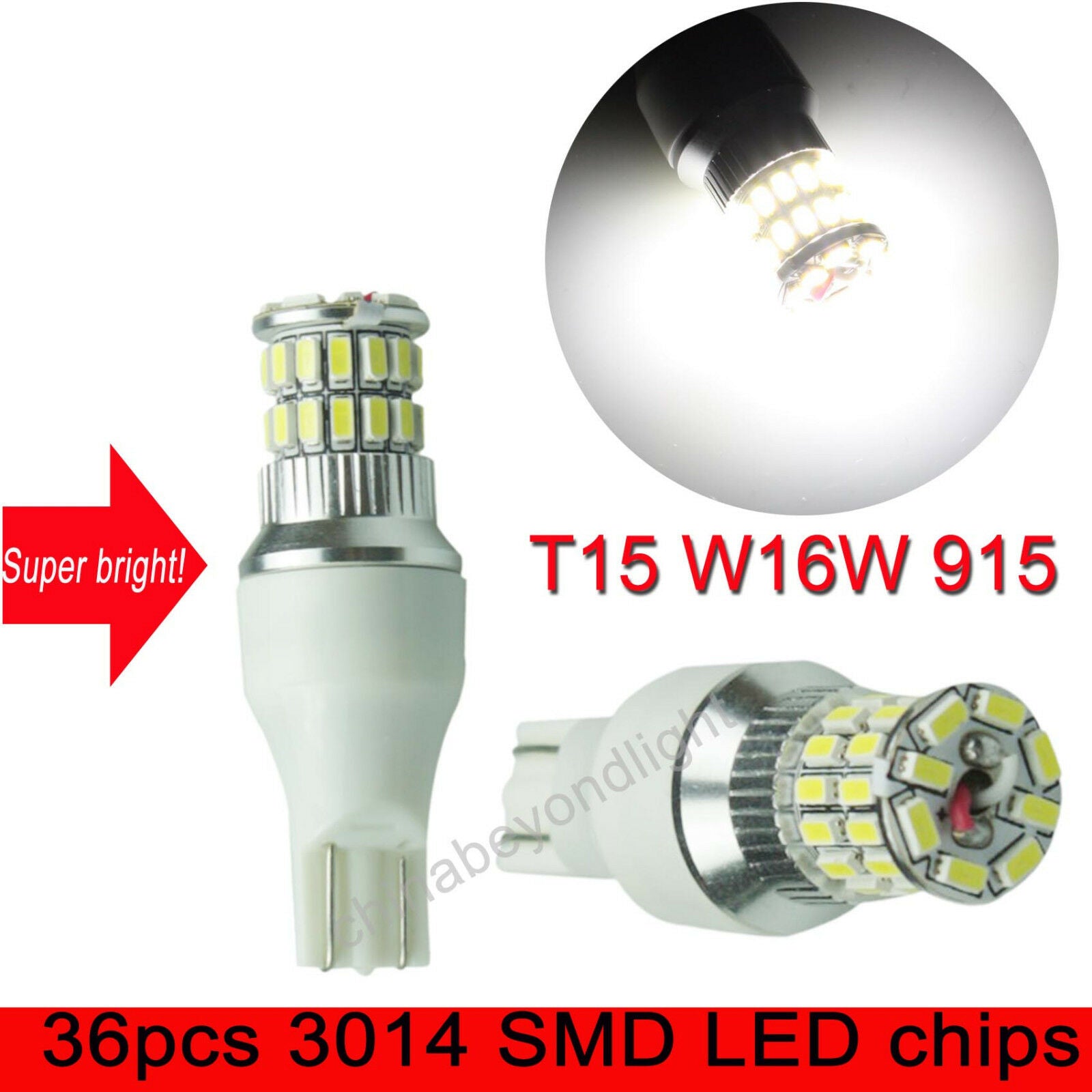 T15 W16W 915 916 Wedge 36W SMD 3014 White LED backup reverse interior lamp x2