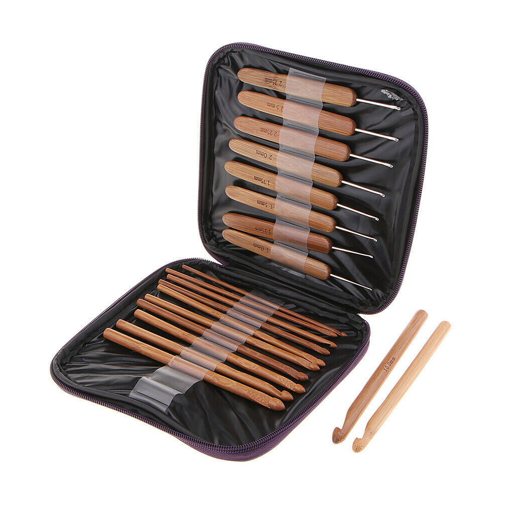 Banboo Hard Handle Crochet Hooks Knitting Knit Needles Weave Yarn Set - 20pcs