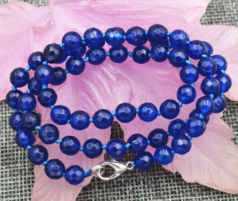 New 6mm Blue Sapphire Faceted Gems Round Beads Necklace 18" AAA