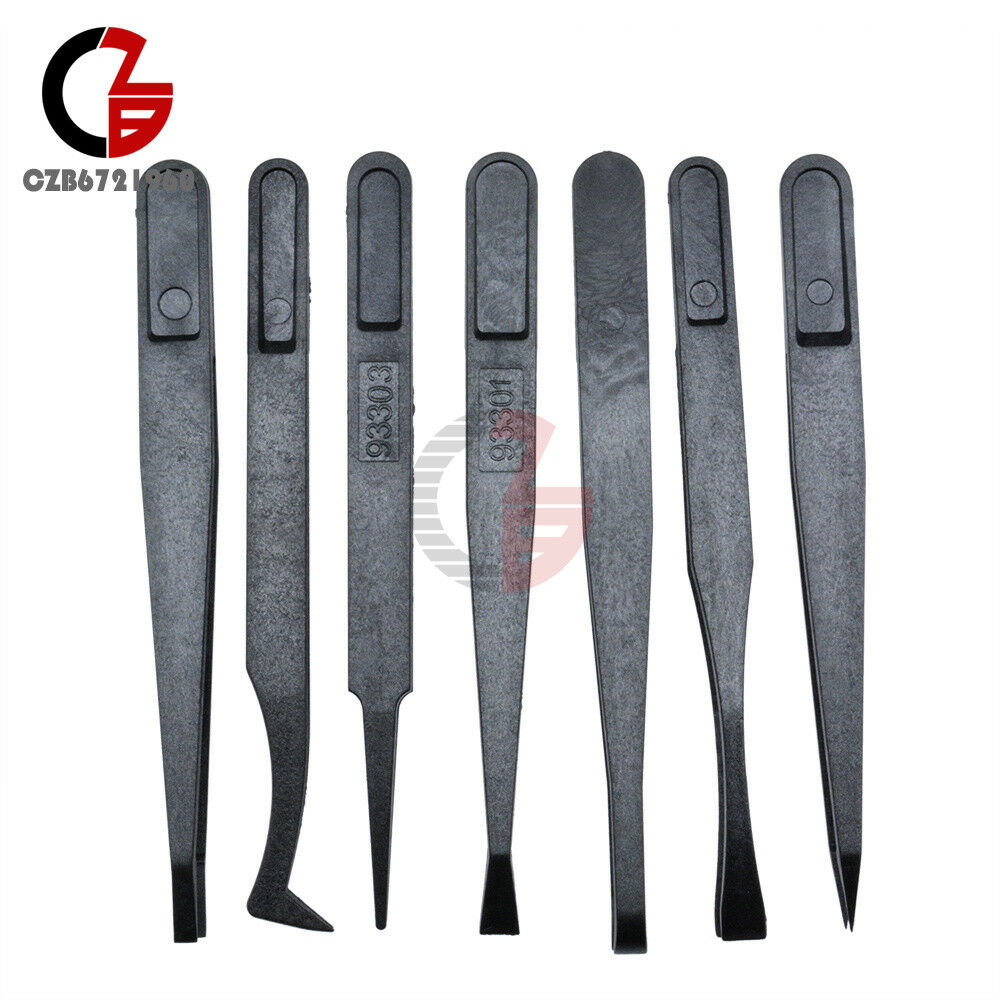 7Pcs Anti-static Tool Plastic Tweezer Heat Resistant Straight Bend New