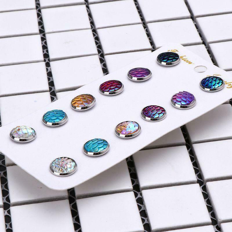 6 Pairs Beauty Fish Scale Round Crystal Assorted Stud Earrings Set Women Jewelry