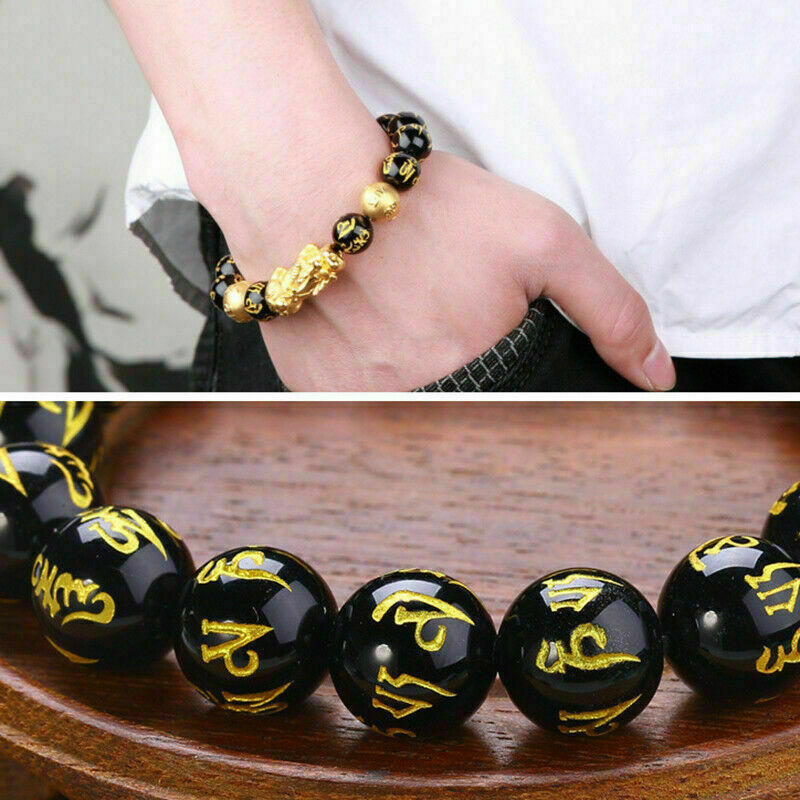 Feng Shui Black Obsidian Big Pixiu Bracelet Wealth Luck Dragon Glass Jewelry AU