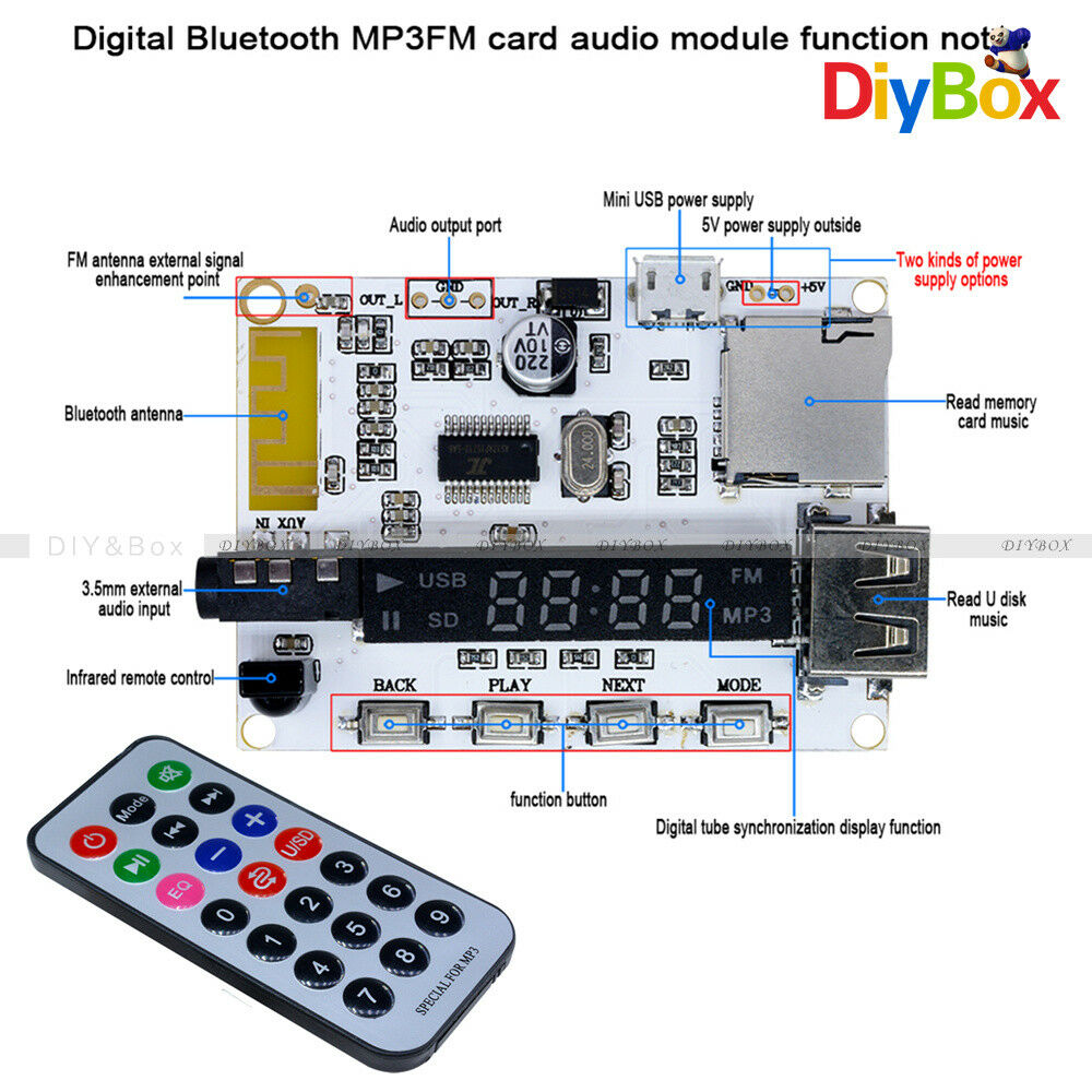 Bluetooth MP3 Sound Decoder Infrared Remote Control Board Car FM TF MicroSD Card