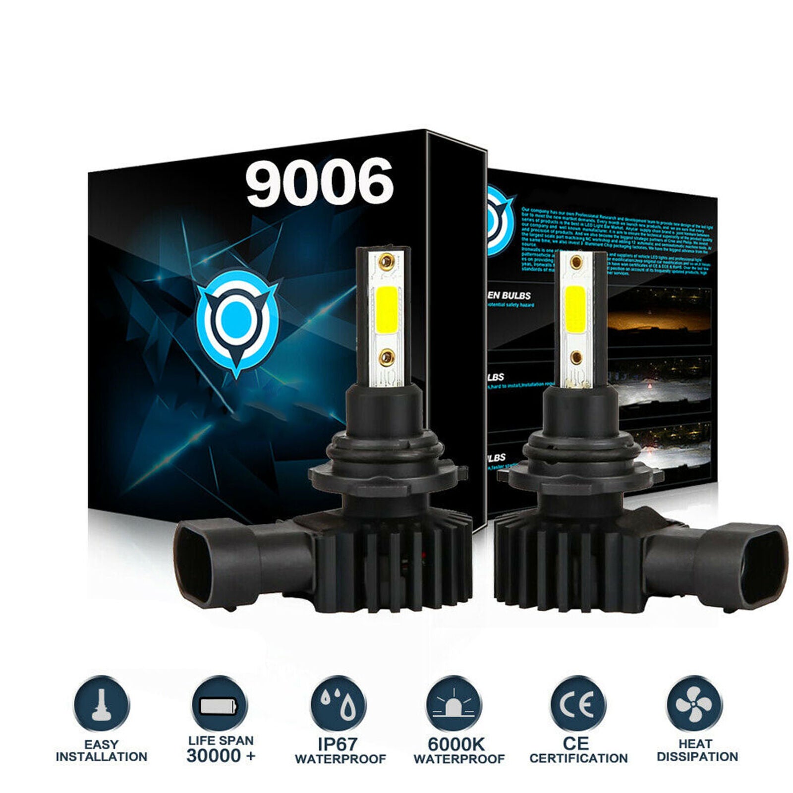 9006 HB4 LED Headlight Fog Light Bulbs Kit High Low Beam 6000K White High Power
