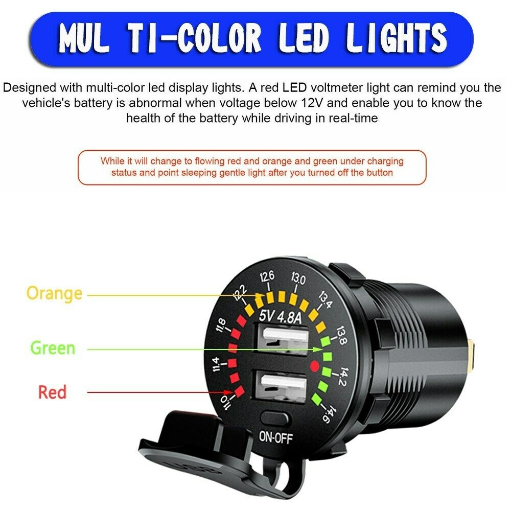 Dual USB Car Charger Socket Power Outlet 12V 4.8A LED Voltmeter for Car Boat