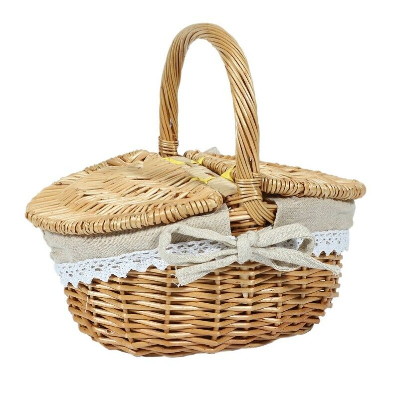 1X(Handmade Wicker Basket with Handle, Wicker Camping Picnic Basket with Dou6H2)