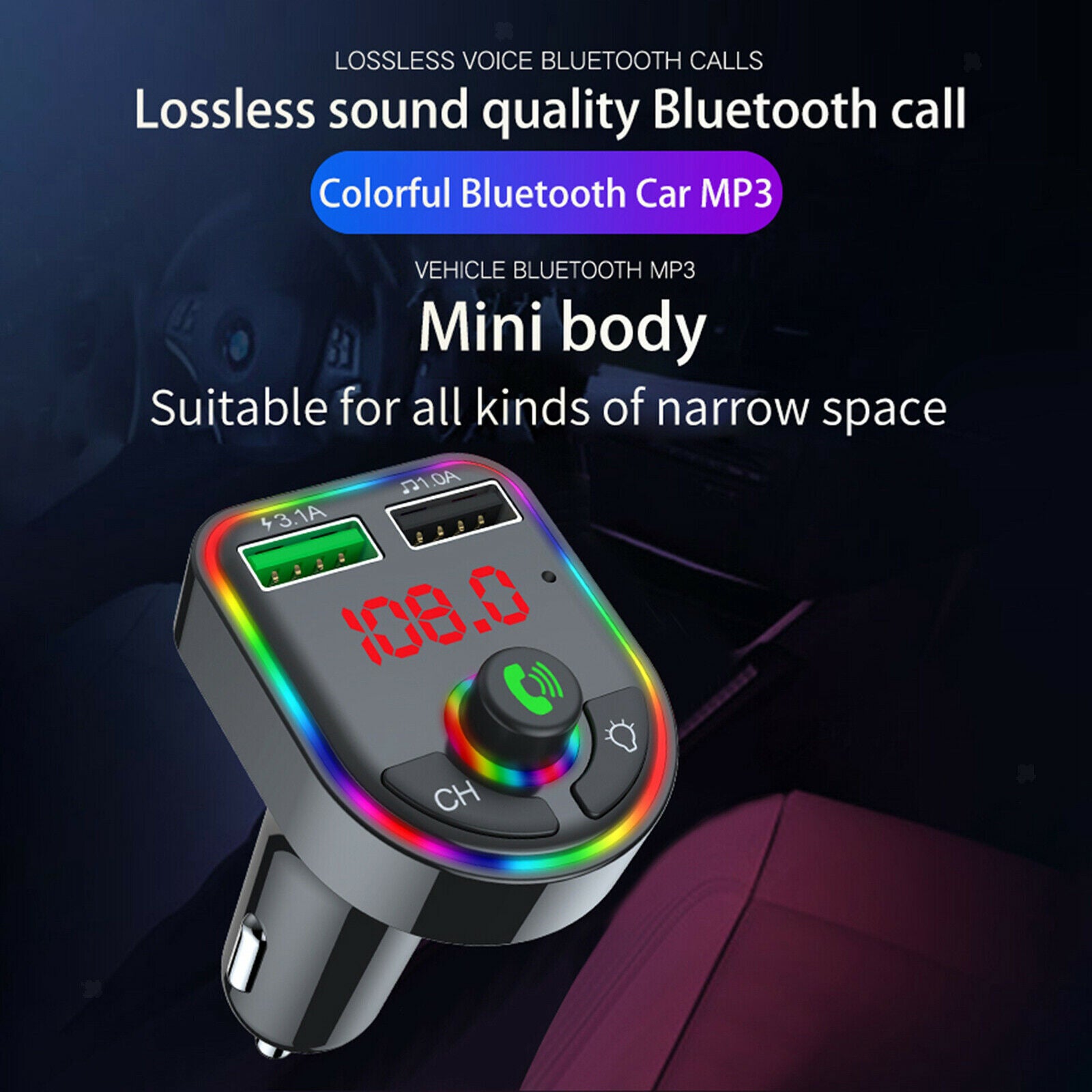 Car Bluetooth V5.0 FM Transmitter Quick Charge Hands-Free Call 2 USB Ports