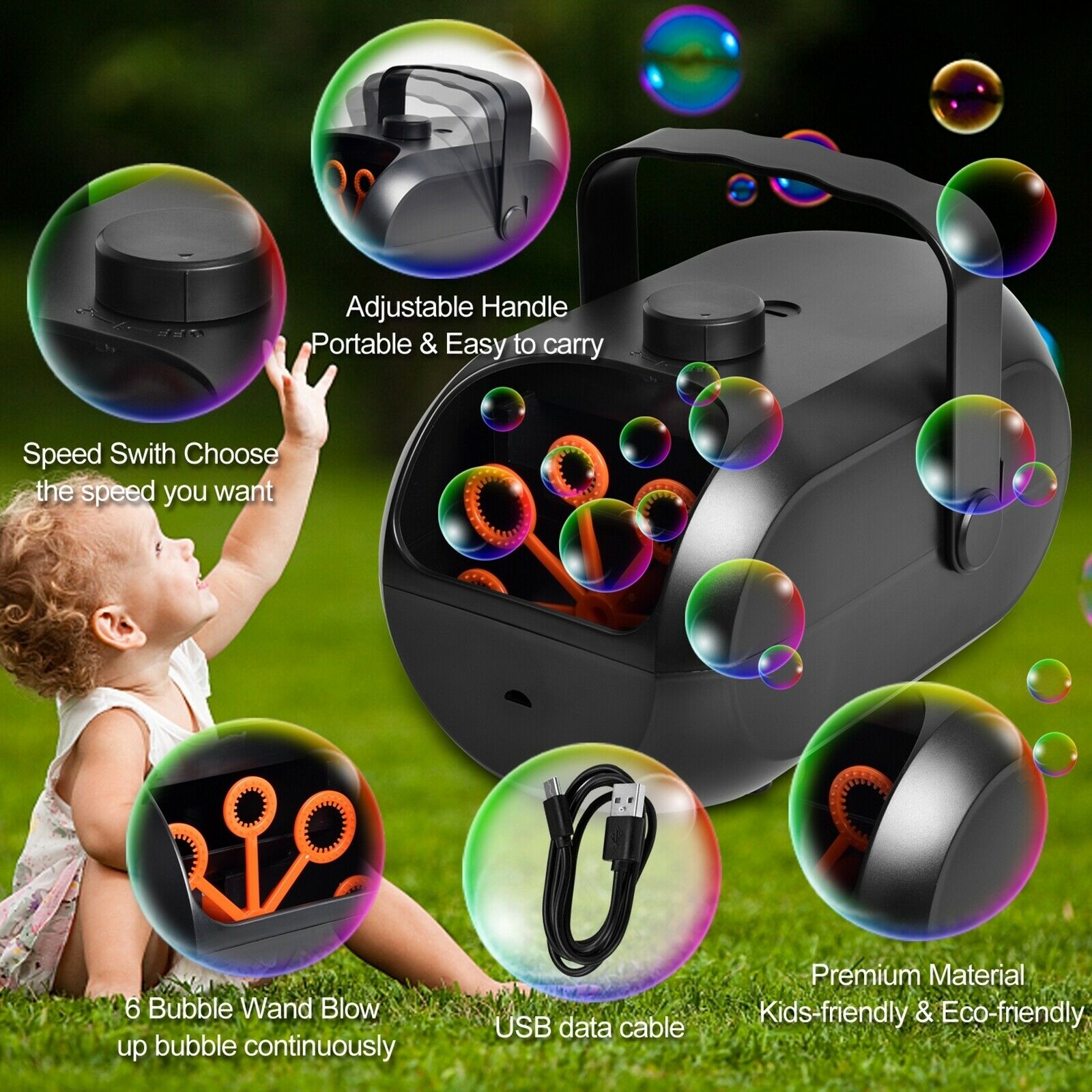 Auto Bubble Maker for Kids USB Charging High Output Black