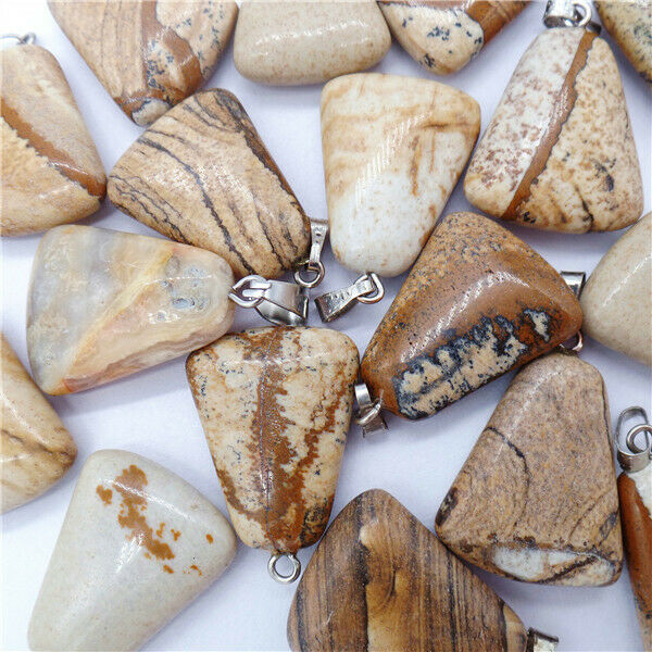 100Pcs 20x6mm Wholesale Natural Brown Picture Jasper Bell Pendant Bead HH8139
