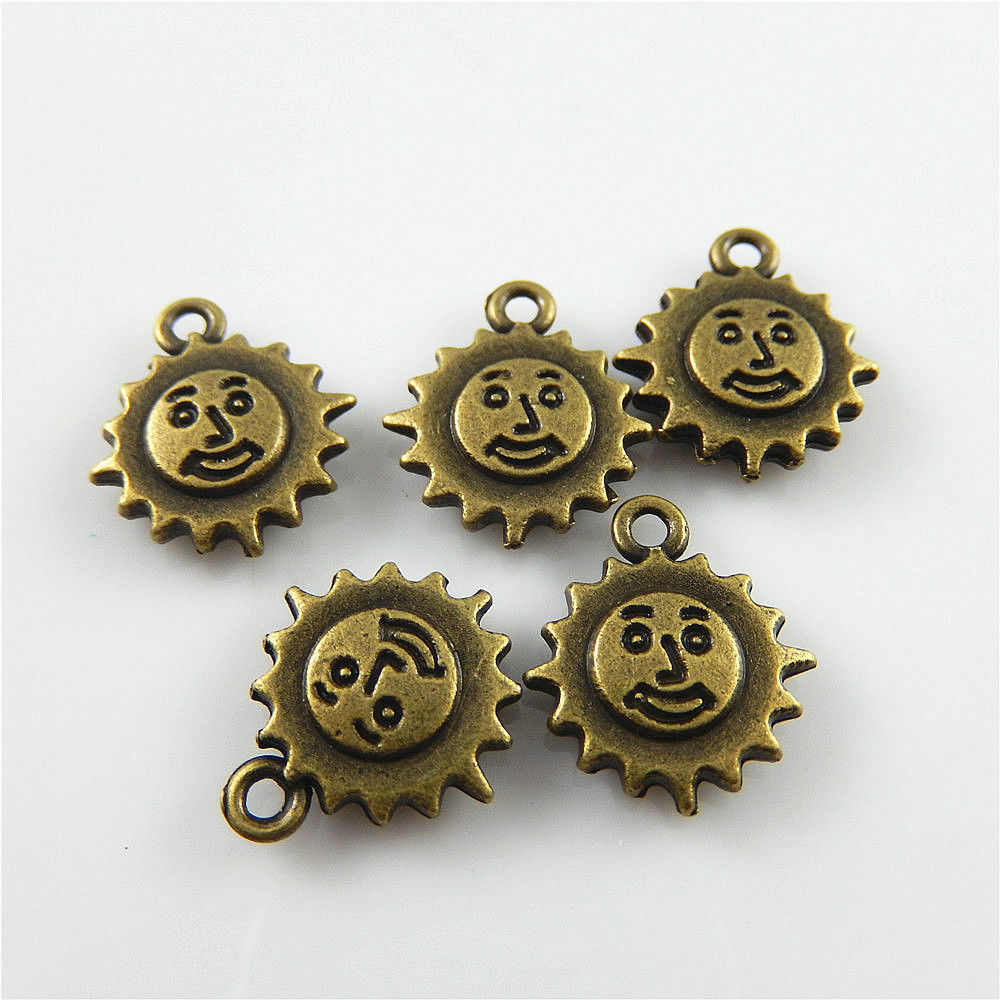 60pcs Retro Bronze Cute Smile Face Sun Charm Alloy For Jewelry Making 13*12*3mm