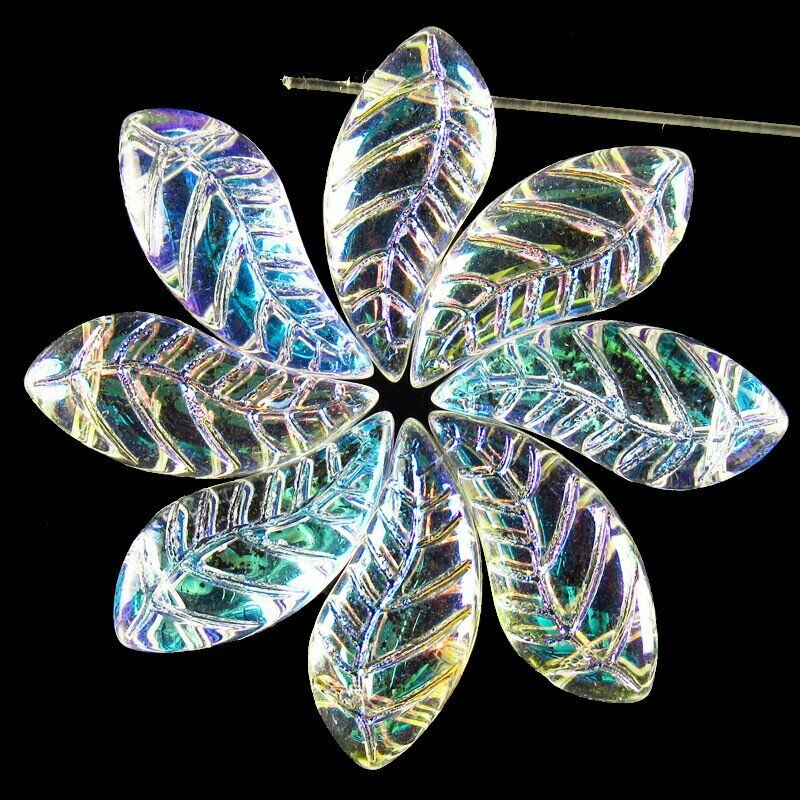 25Pcs 18x8x5mm Carved AB White Rainbow Titanium Crystal Leaf Pendant 21g A-255SJ
