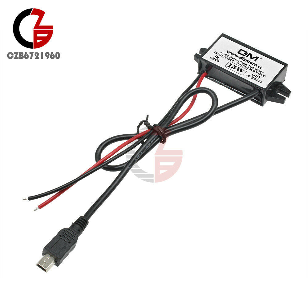 DC-DC Voltage Regulator 12V to 5V 3A 15W Mini USB 5 Pin Cable for Car Charger