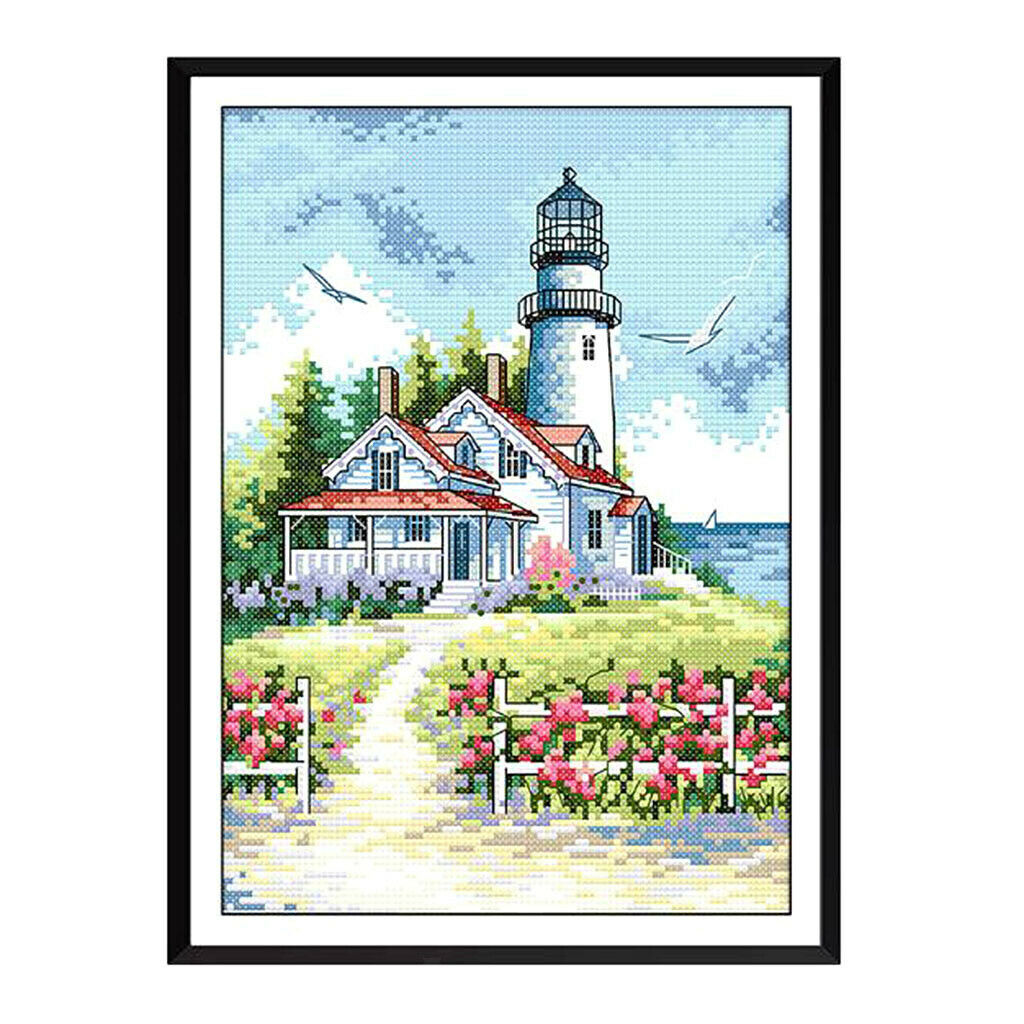 Seaside Lighthouse Stamped Cross Stitch Kit, Beautiful DIY Needlework Counted