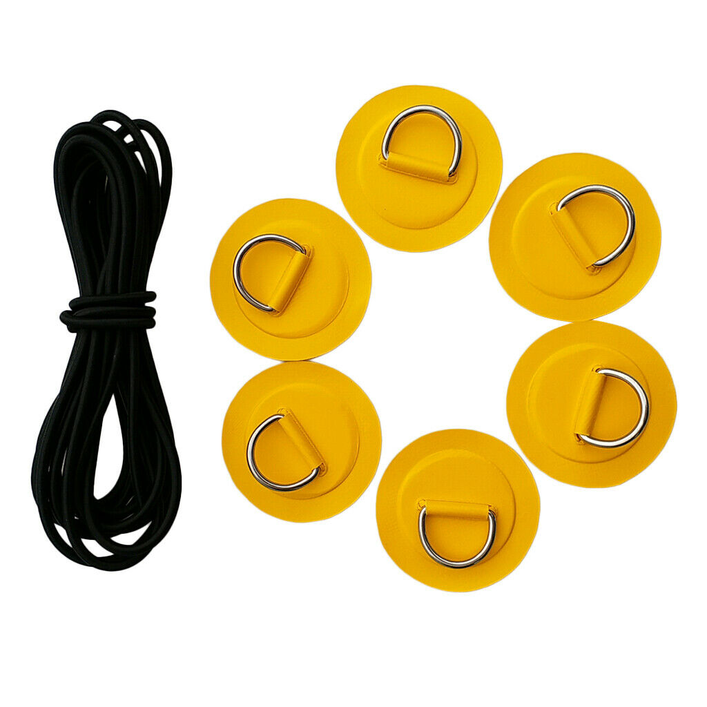 6 Pack Stainless Steel D-ring Patch Yellow Pad + 5m Black Shock Cord for Kayak