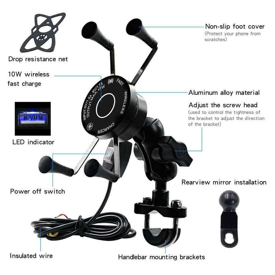 2in1 Wired & Wireless Cell Phone USB 3.0 Fast Charger For Motorcycle Scooter ATV