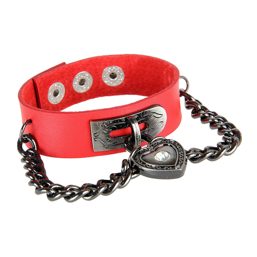 Punk Rock PU Leather Bracelet Wide Rock Metal Chain Wristband Cuff Red