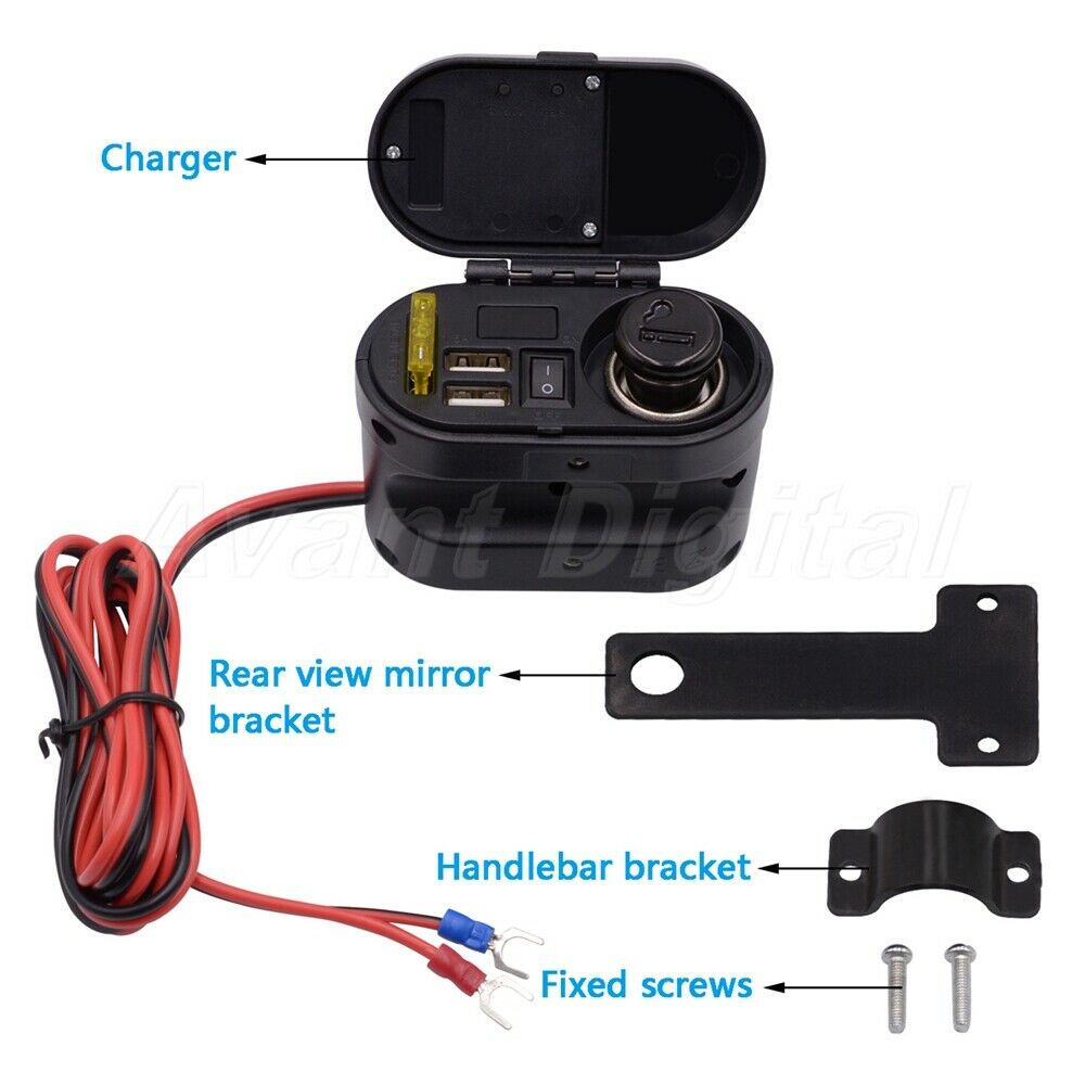 Motorcycle Cigarette Lighter Dual USB Charger Voltmeter Digital Clock Waterproof