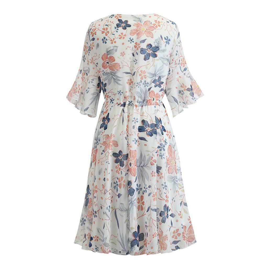 Womens Summer Floral Print Dress Casual Swing Boho Beach Midi Dress M
