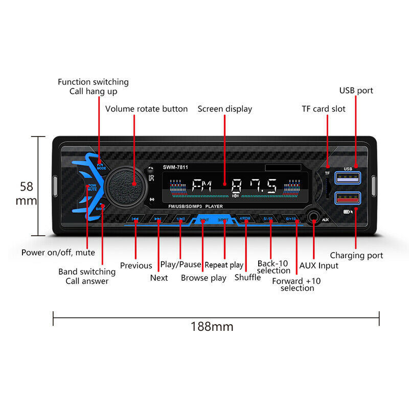 Car 1 Din MP3 Player Radio 2USB AUX Input Bluetooth Receiver Voice Control Kit