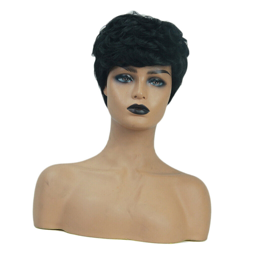 8'' Short Curly   Women Human Hair Wig Side Part Pixie Cut Black Wigs