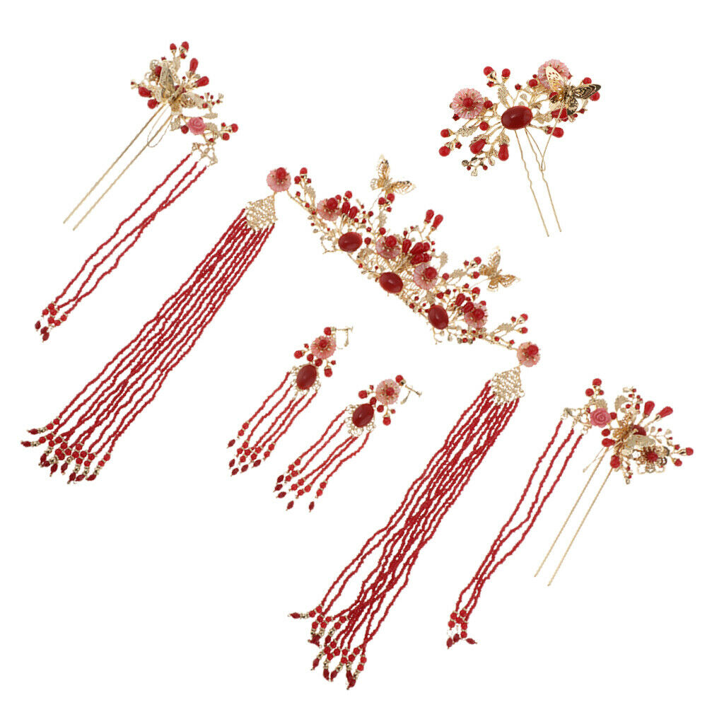 Chinese Ancient Red Crystal Hair Stick Tiara Crown Wedding Bride Headdress