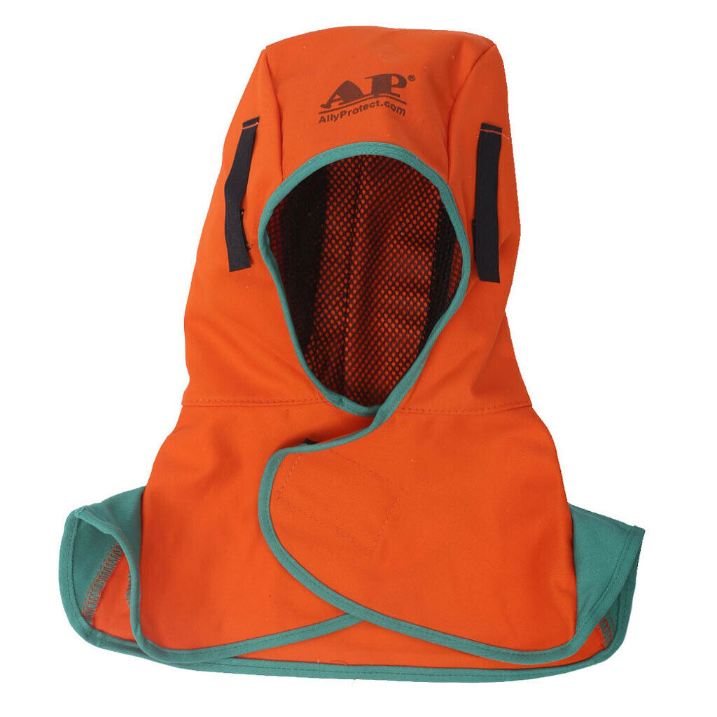 Orange sweat hood with neck shoulder draping flame retardant cotton