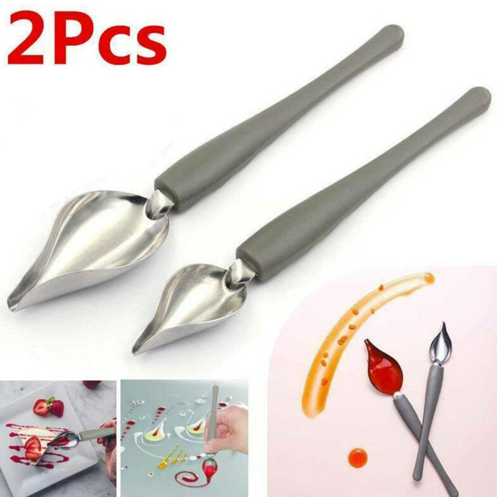 2PCS Chef Valon Sauce Plating Art Pencil Dish Draw Tool Spoon Stainless Steel