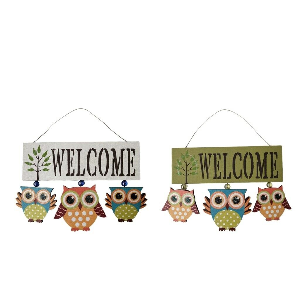 2pcs/set Wood Owl Welcome Signs Hanging Plaque Notice for Home Garden Bar