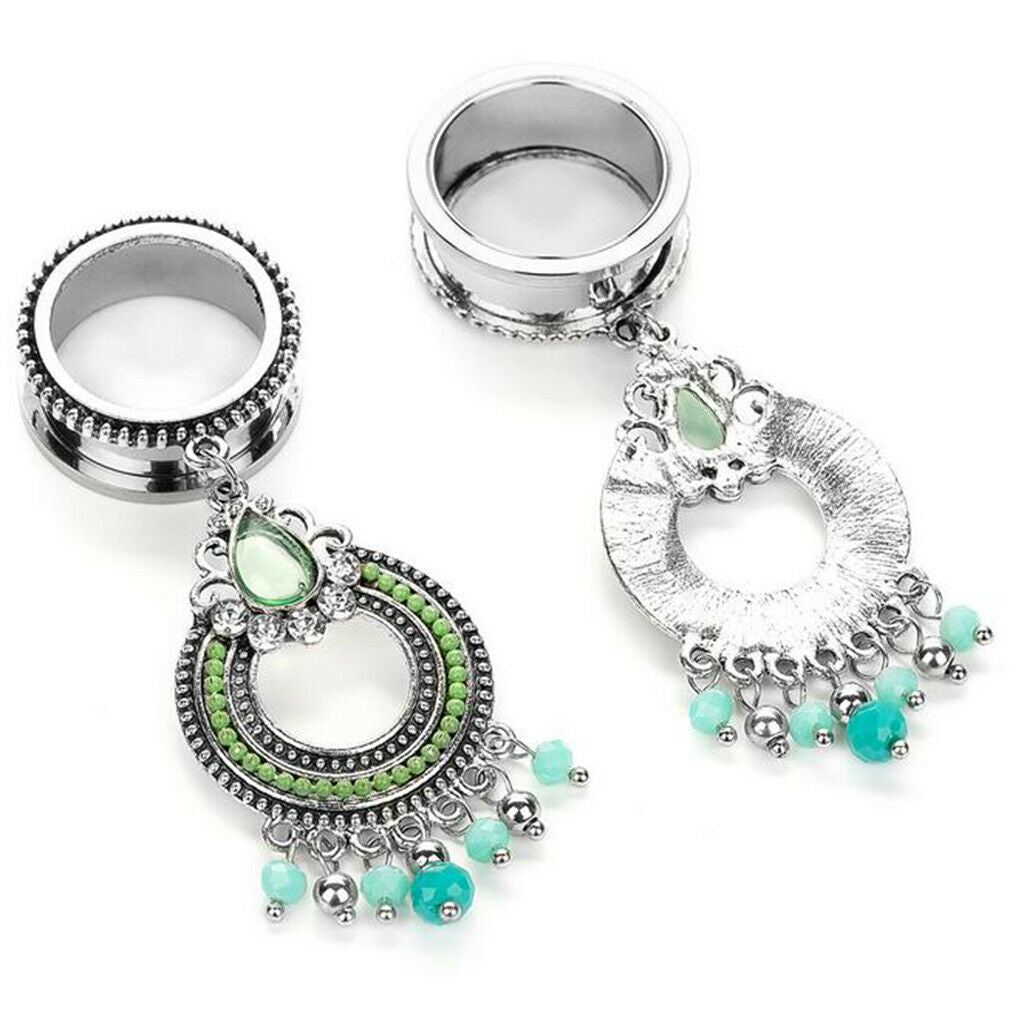 316L Stainless Steel  Ear Tunnels Gauge Crystal Beads Dangle Ear Plugs 16mm