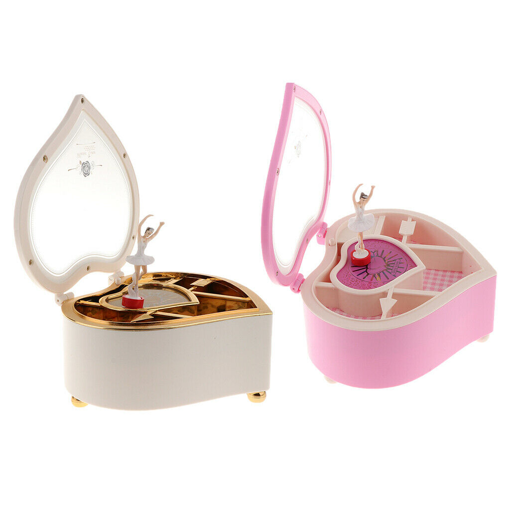 Romantic Heart Shape Rowling Ballerina Musical Jewelry Storage Box  White
