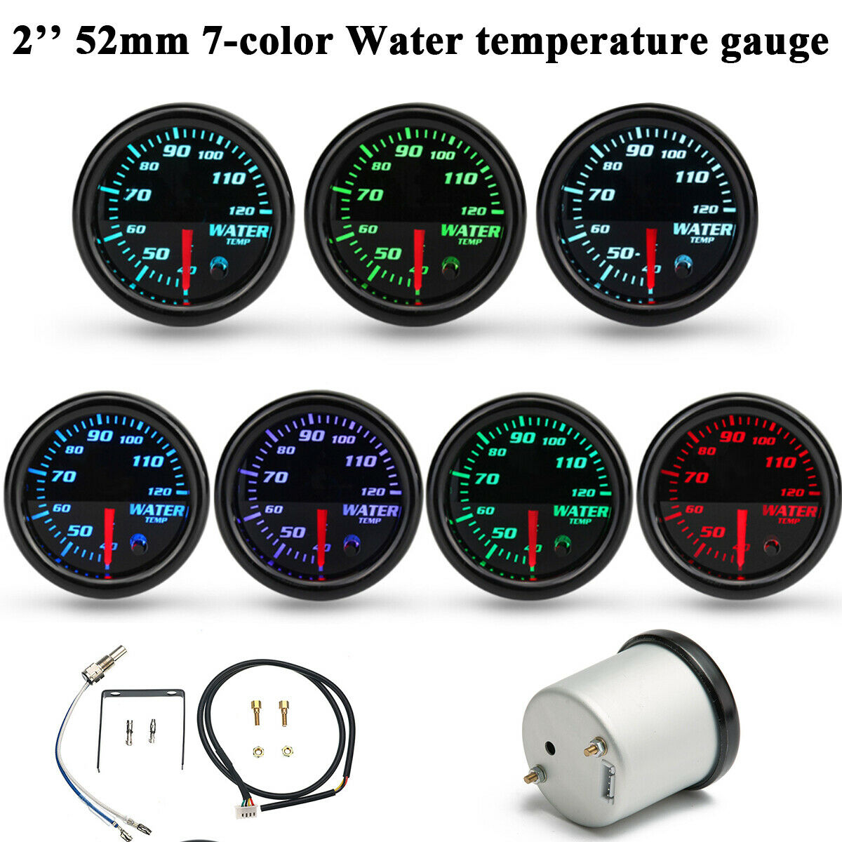 52mm Car Auto Pointer Colors Adjustable Water Temp Temperature Gauge Kit Black