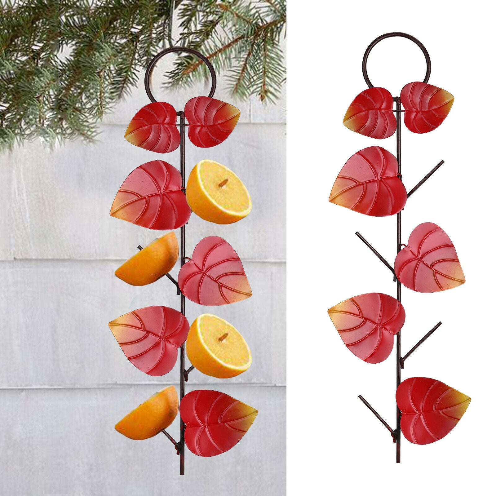 Red Hanging Metal Iron Bird Feeder Leaf Shaped for Garden Yard Art Decor