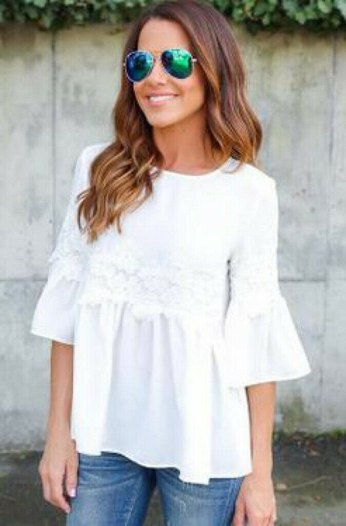 Womens Fashion Ladies Lace Chiffon Long Sleeve Loose Casual Blouse T-Shirt Tops