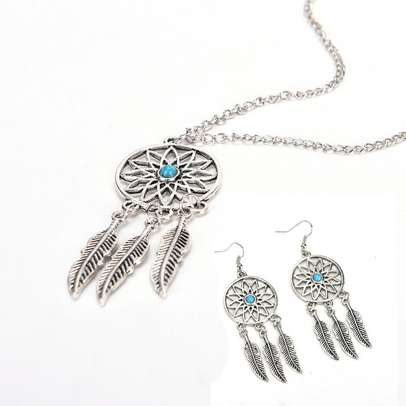 Bohemian Dreamcatcher Leaves Feather Pendant Necklace Earrings Jewelry .l8