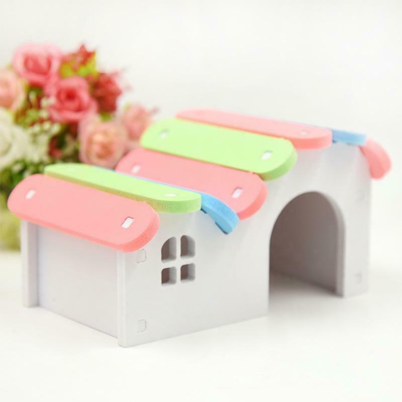 Hamster Wooden House Colorful Roof Nest Small Animals Natural Wood Play Hut