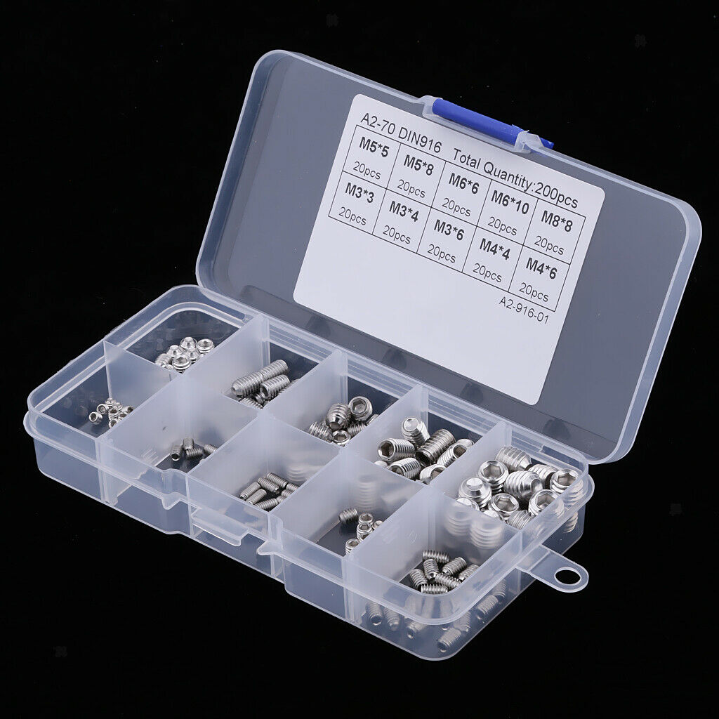 200pcs Headless Screw Hex Socket Assortment Kit M3-m8