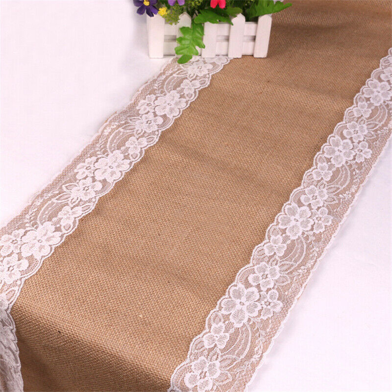 Lace Jute Table Runner Tablecloth Cover Tulle Floral Embroidered Decor 30x275cm