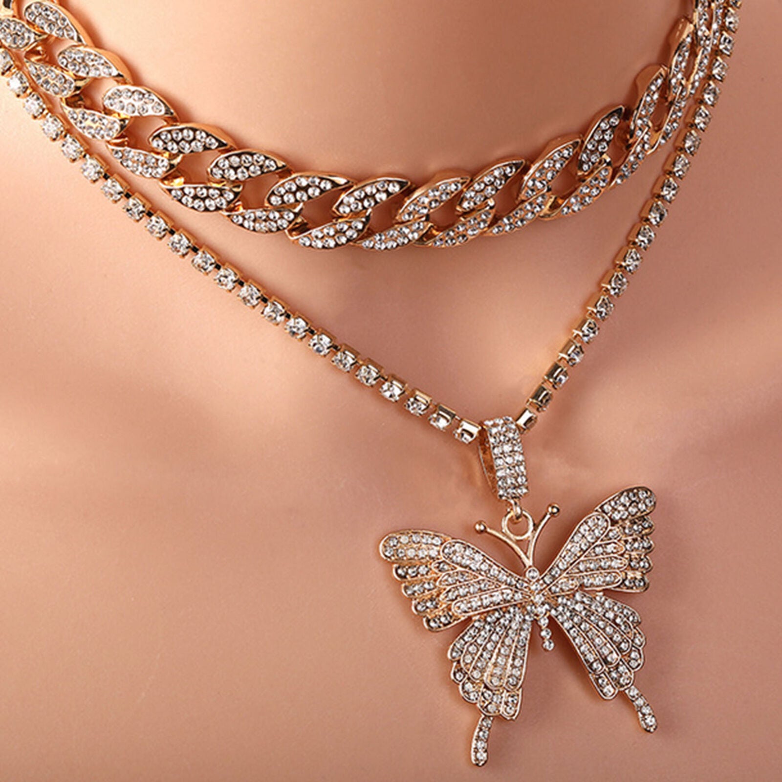 Butterfly Pendant Necklace Cuban Rope Tennis Chain HipHop Jewelry