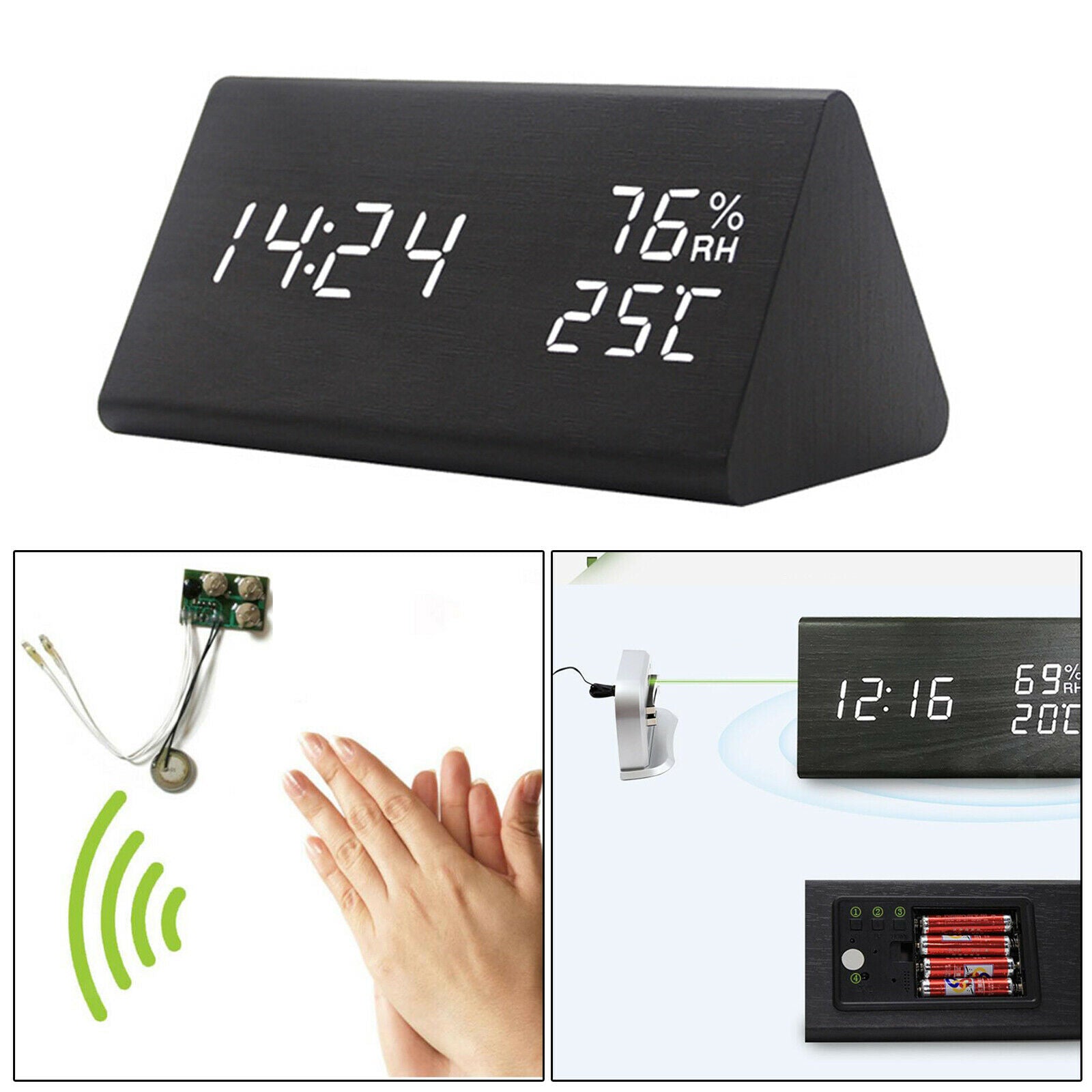 Large Wooden LED Digital Alarm Clock Dimmer USB Charging Bedroom Clocks