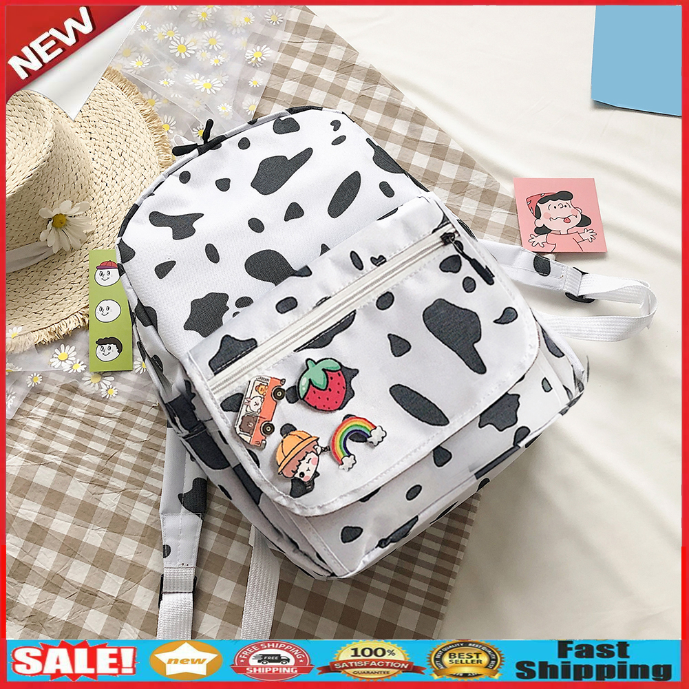 Cow Printed School Bag Women Canvas Casual Rucksack Student Travel Backpack @