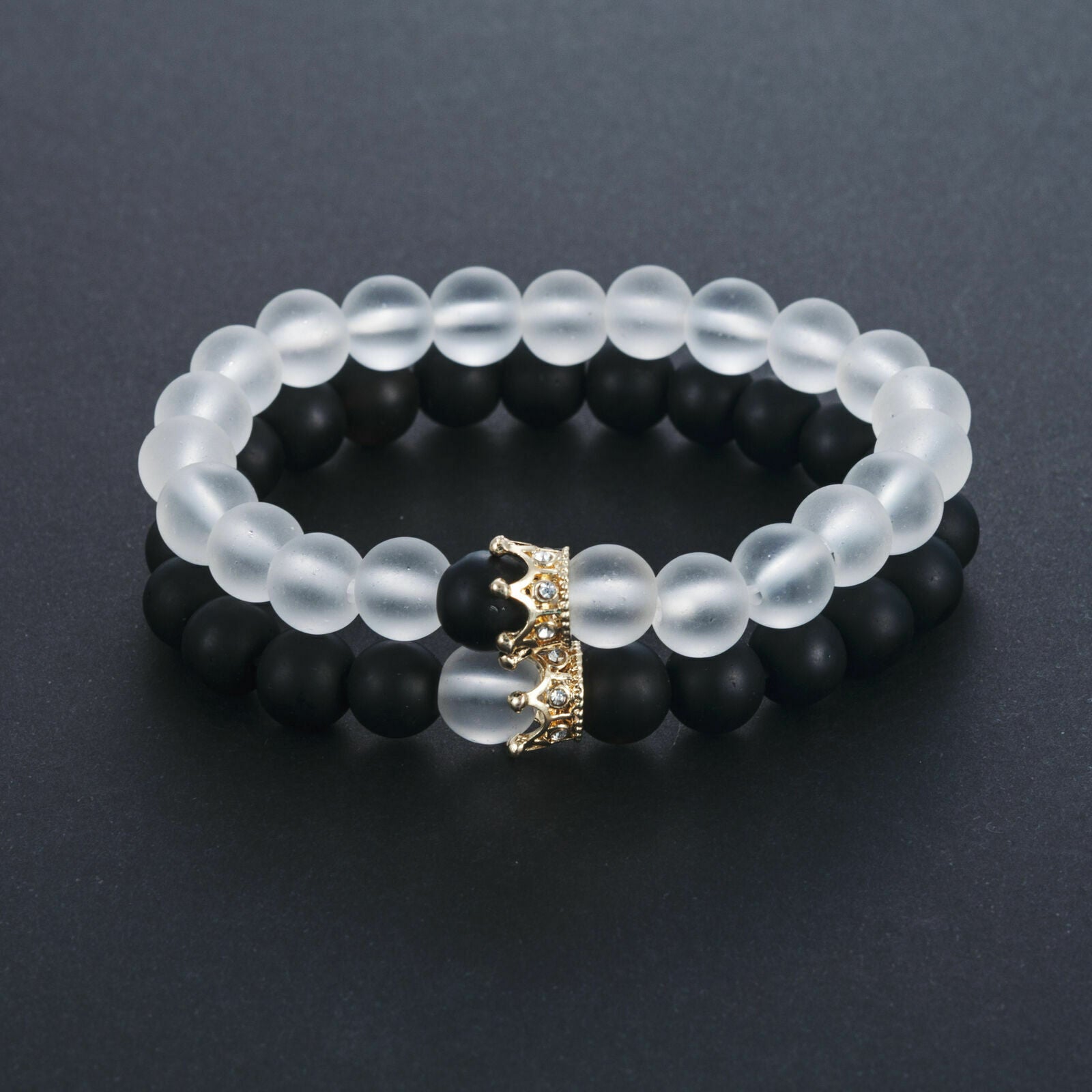 2Pcs King Queen Crown Couple Bracelets His & Her Friendship 8mm Beads Bracelets