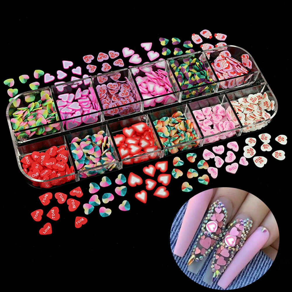 12 Grids Heart Nail Art Decoration Polymer Clay Slices Nail Art Decals Tips US