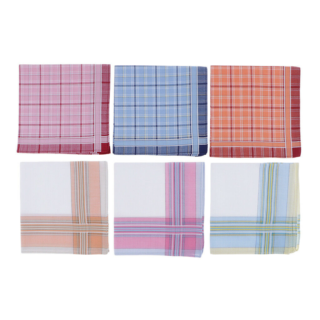 6pc Unisex Cotton Handkerchiefs Classic Plaids Pocket Hanky Washable Hankie