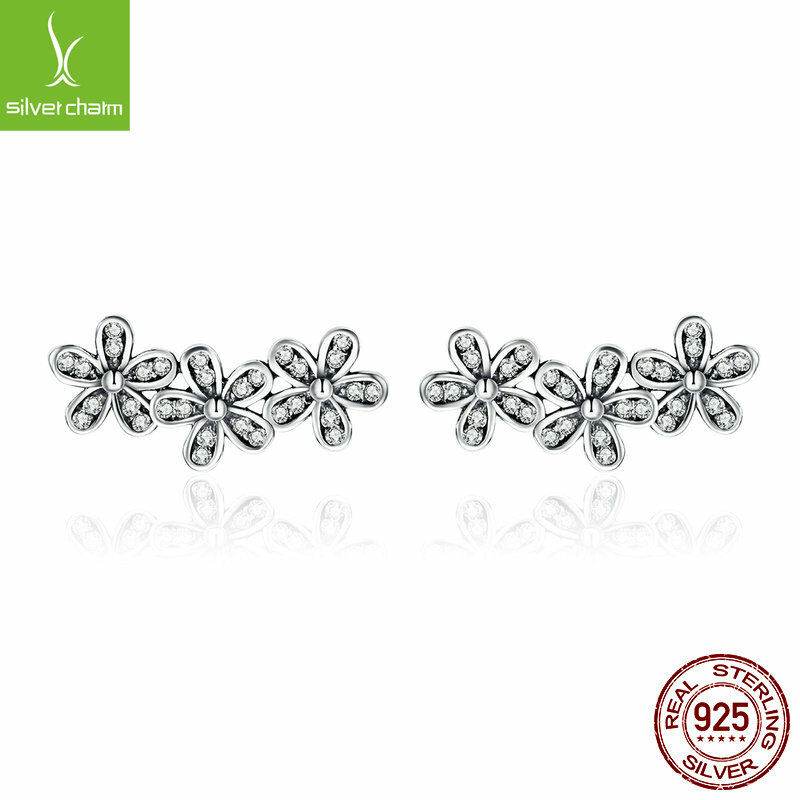 Authentic Dazzling Daisy Flower CZ stud Earrings fit sterling 925 women Jewelry