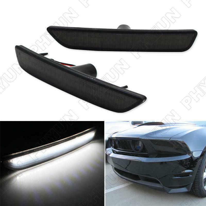 For 2010-2014 Ford Mustang White LED Front Bumper Side Marker Lights Smoke Lens
