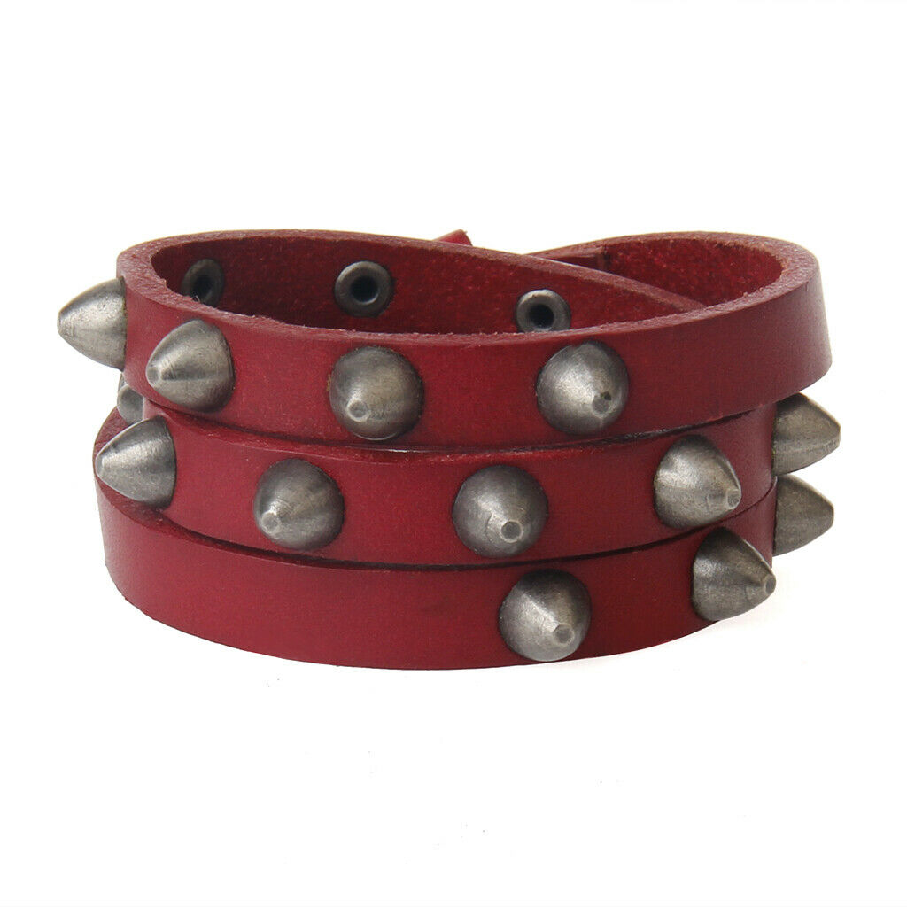 Multi-layer Bucket Nail PU Leather Bracelet River Belt Strap Bangle Red